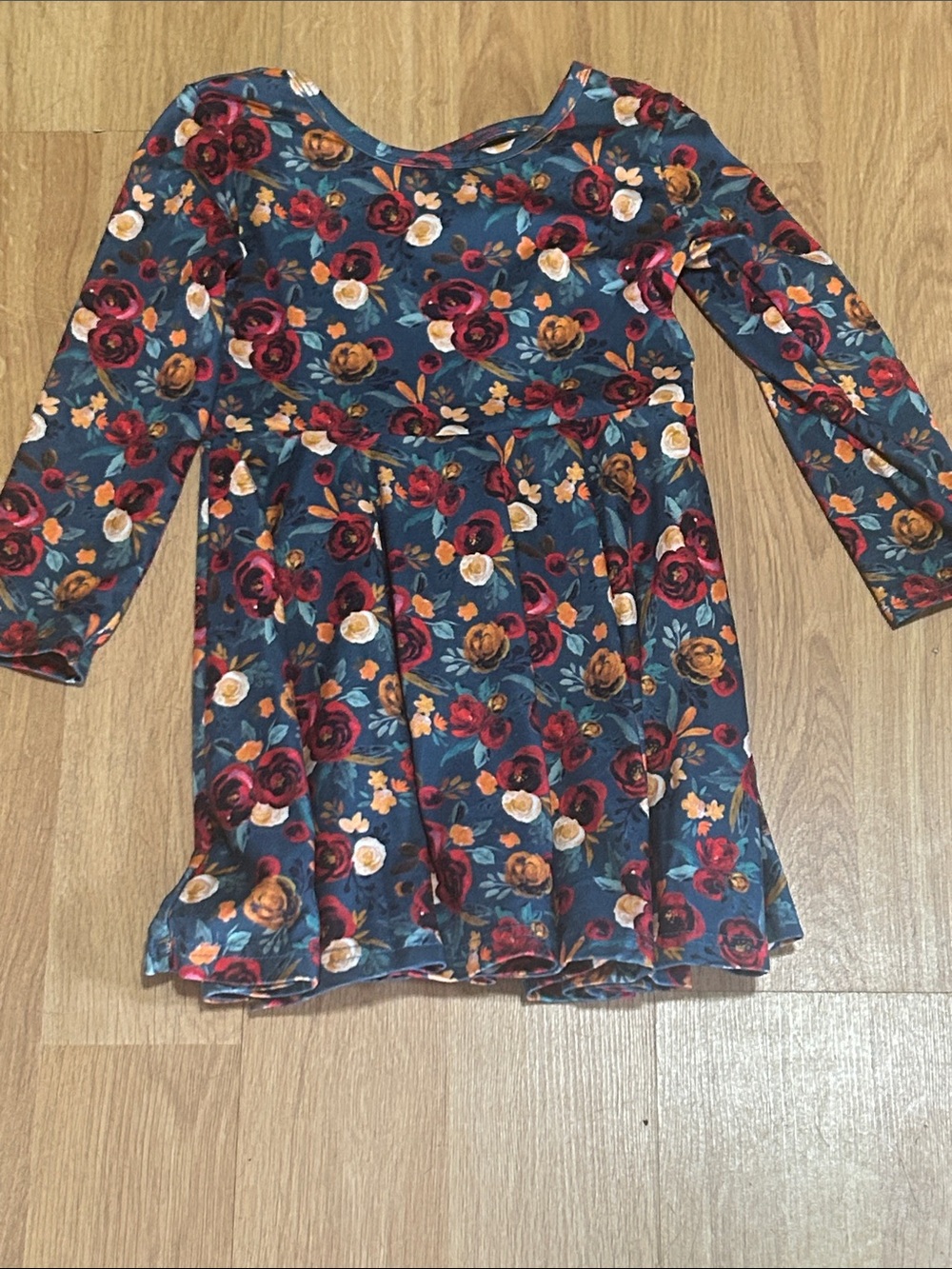 Girls Floral Long-Sleeve Dress in Teal with Red & Gold Blooms Size 3T